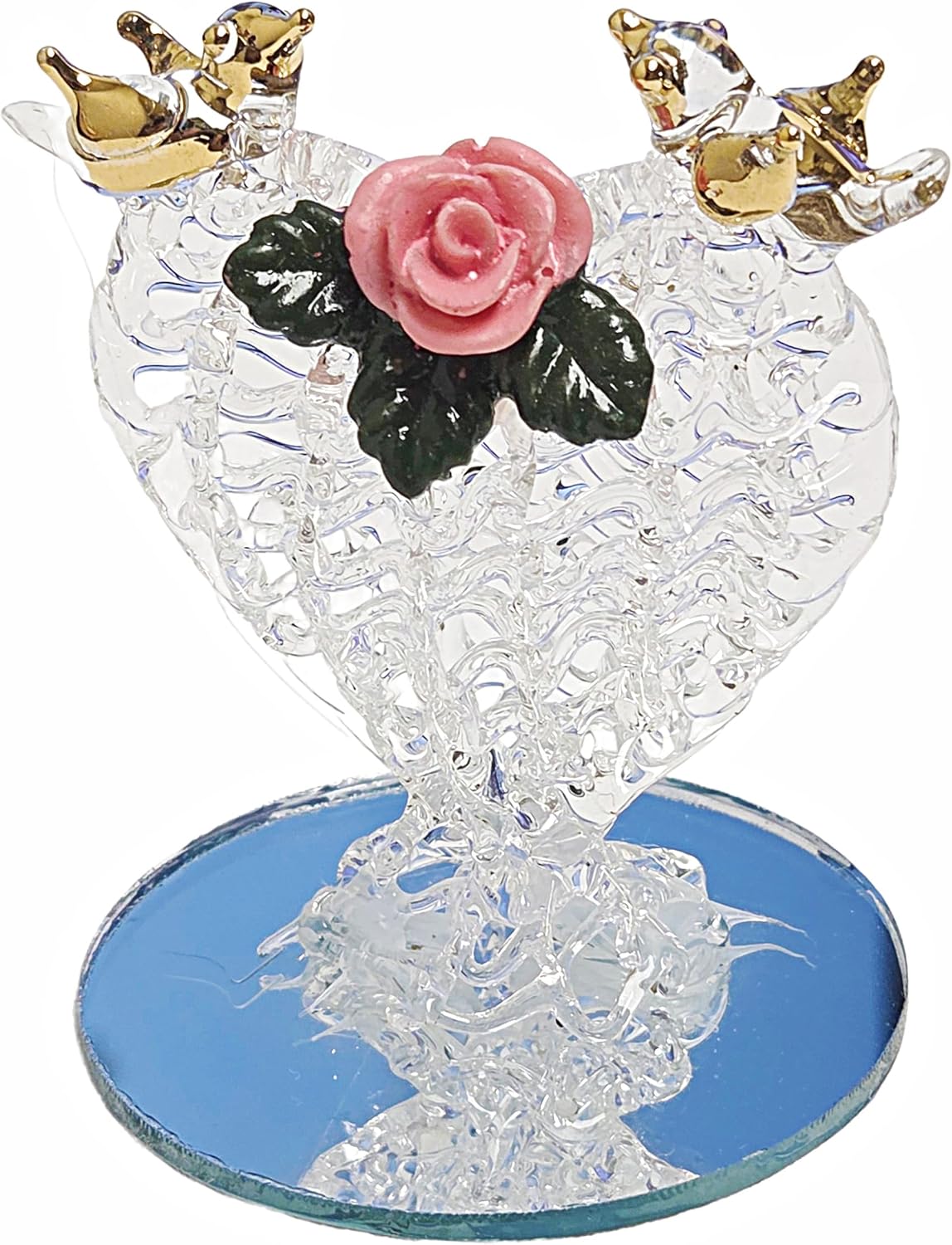 Party Favors Plus Glass Heart Figurine Gold Love Birds Pink Rose 2.5 Inch