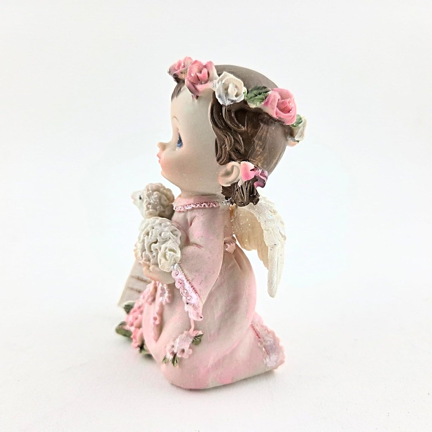 Party Favors Plus Baby Girl Angel Figurine with Lamb Pink Dress Polyresin 4.25 Inch