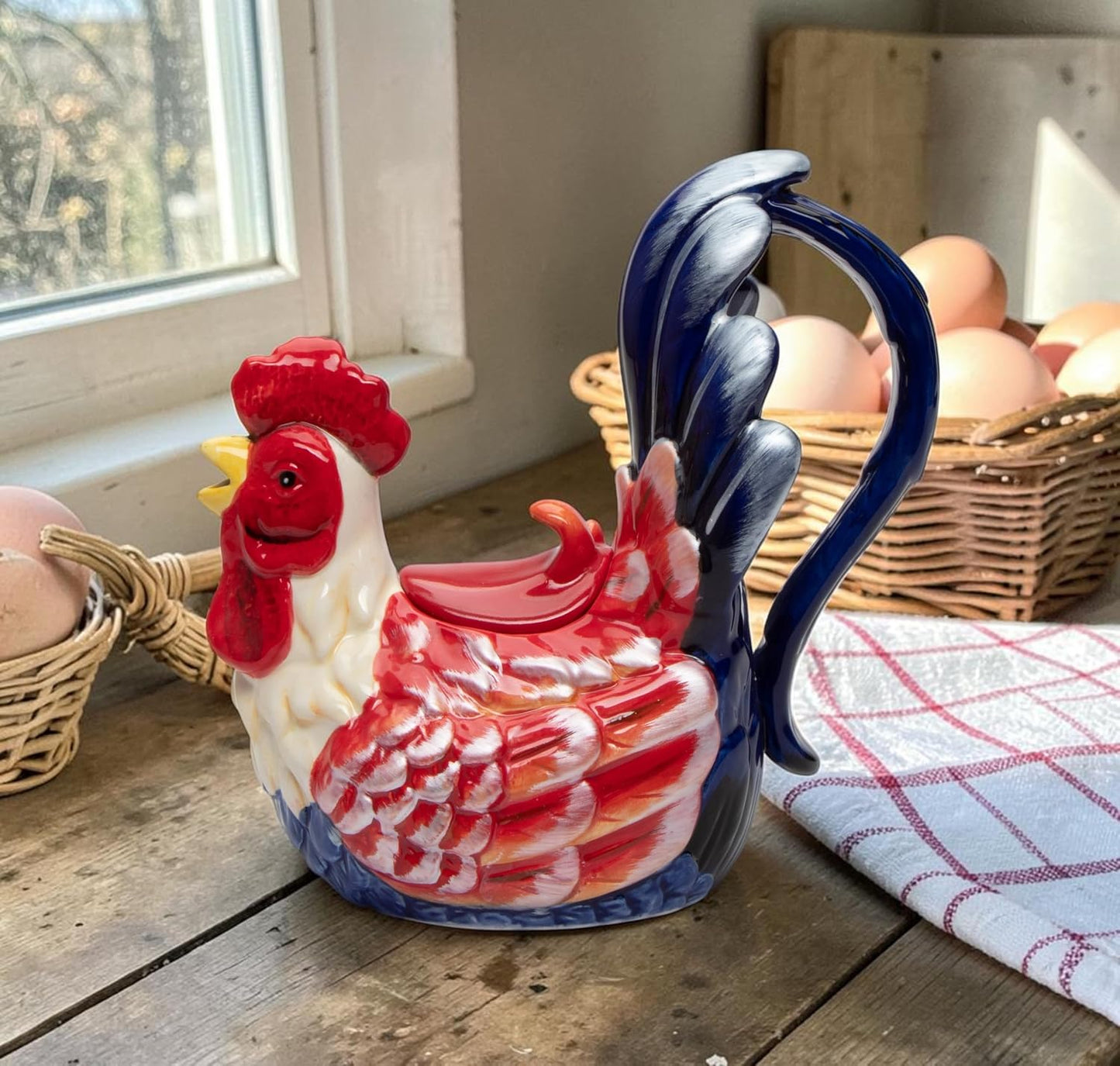 Cosmos Gifts Fine Ceramic Festive Colorful Tuscany Country Rooster Teapot 7-3/4" L Red