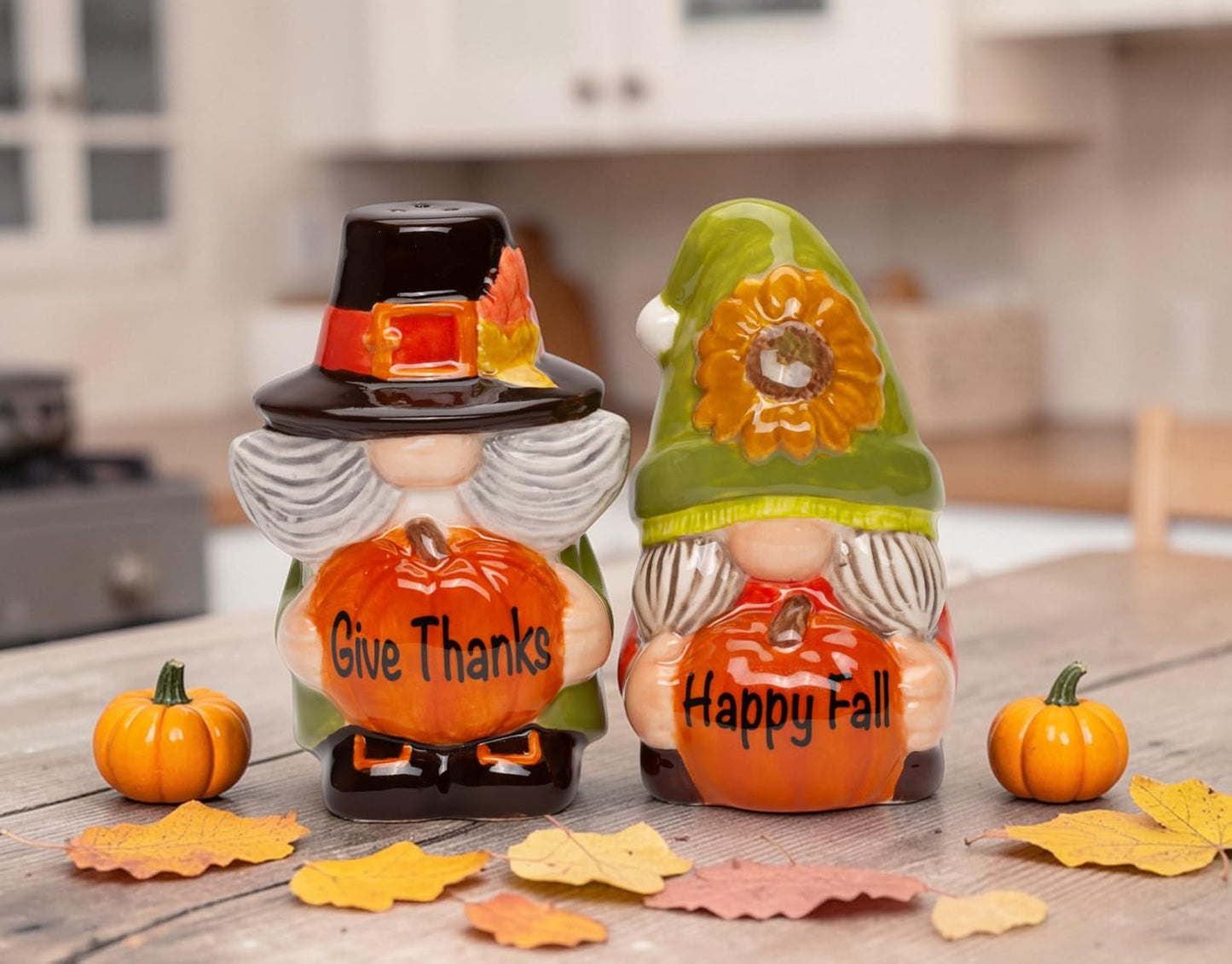 Cosmos Gifts Fine Ceramic Gnome Thanksgiving Pumpkin Happy Fall Salt & Pepper Shakers Set 3-3/4" H
