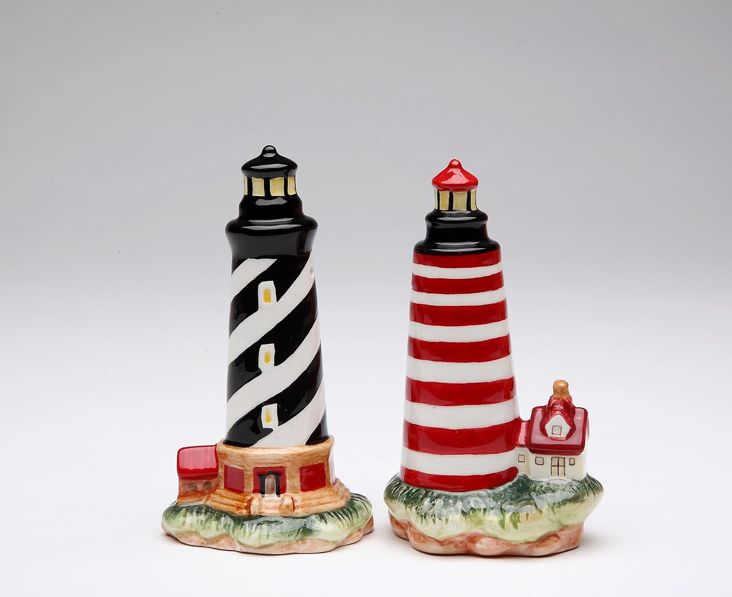 Cosmos Gifts Fine Ceramic Black Striped & Red Striped Lighthouse Salt and Pepper Shakers 4" H 10480