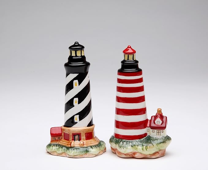 Cosmos Gifts Fine Ceramic Black Striped & Red Striped Lighthouse Salt and Pepper Shakers 4" H 10480