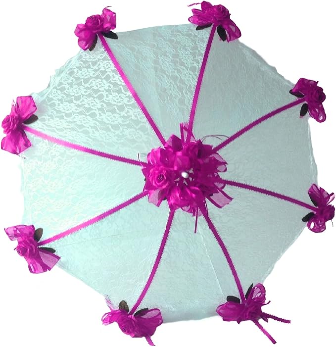 Party Favors Plus White Lace Umbrella Parasol 36 in Hot Pink Roses