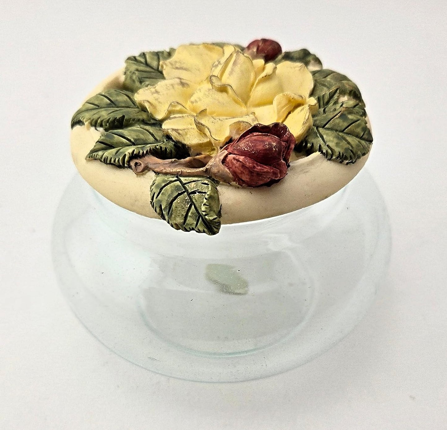 Party Favors Plus Vintage Glass Vanity Jar Ceramic Yellow Rose Floral Lid Capodimonte Style Round 3x4 Inch