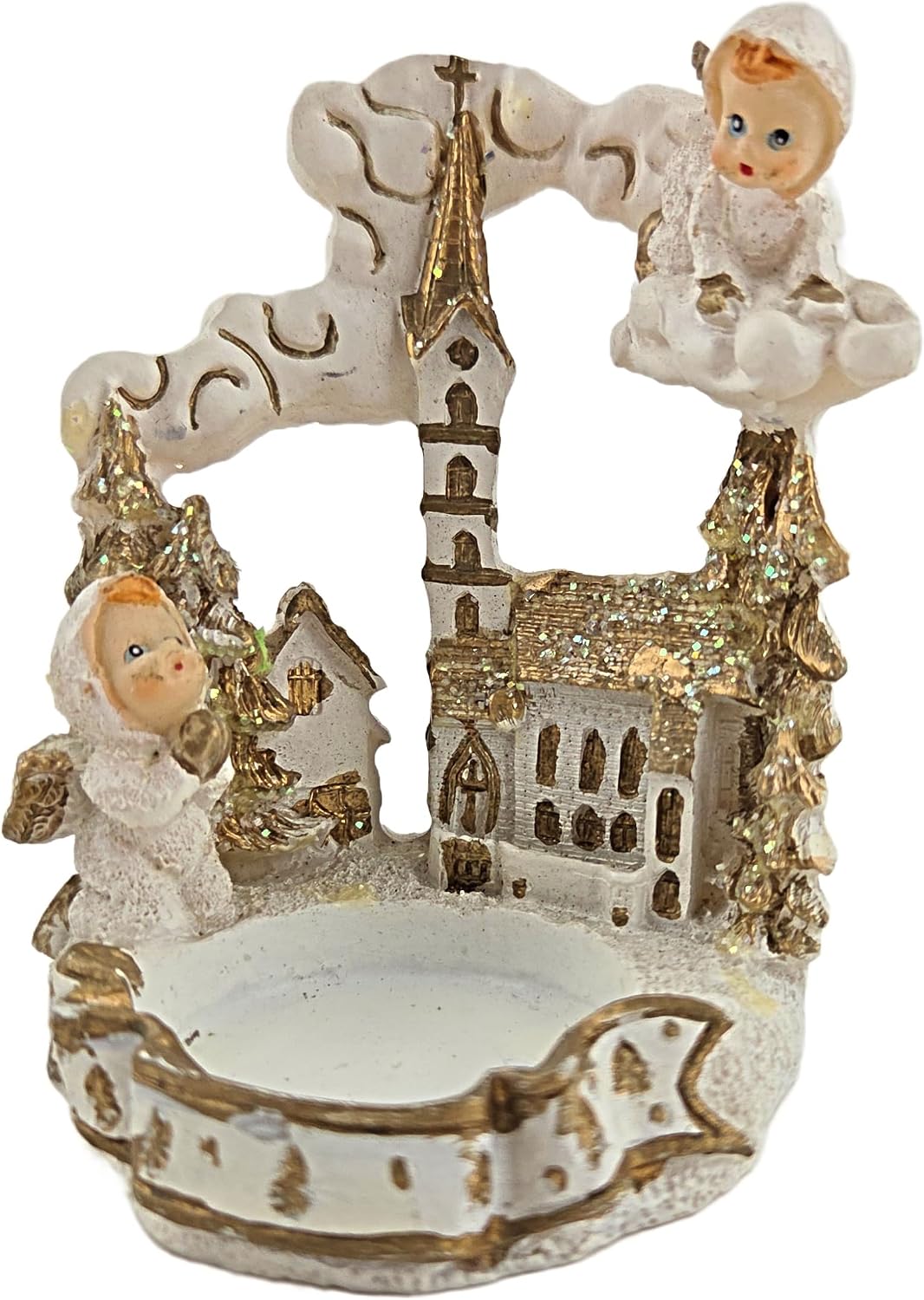 Party Favors Plus Angel and Church Figurine Tea Light Candle Holder White Gold Polyresin 3 Inch Set of 2