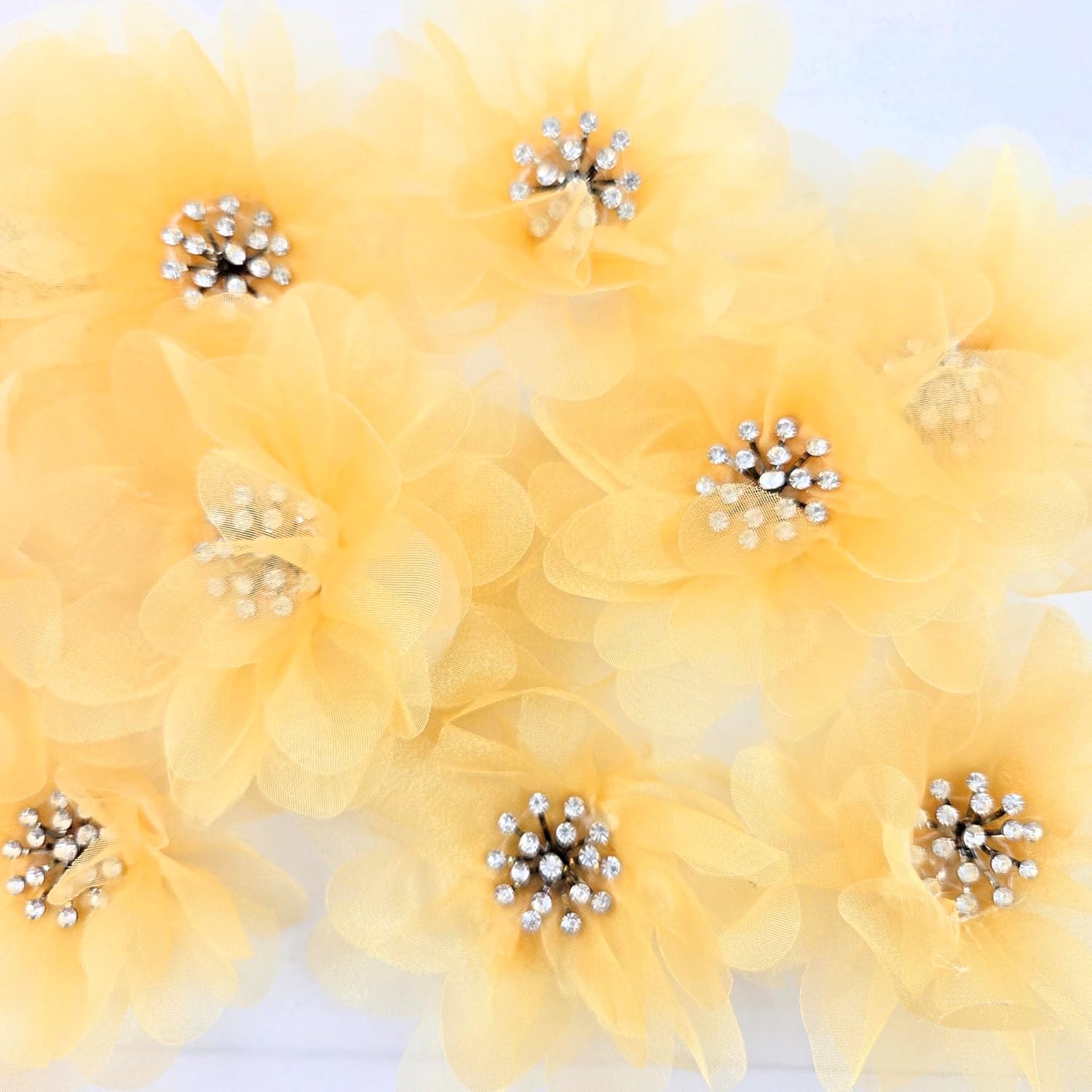 Party Favors Plus Yellow Organza Flower Corsage Rhinestone Center 4 Inch Set of 4
