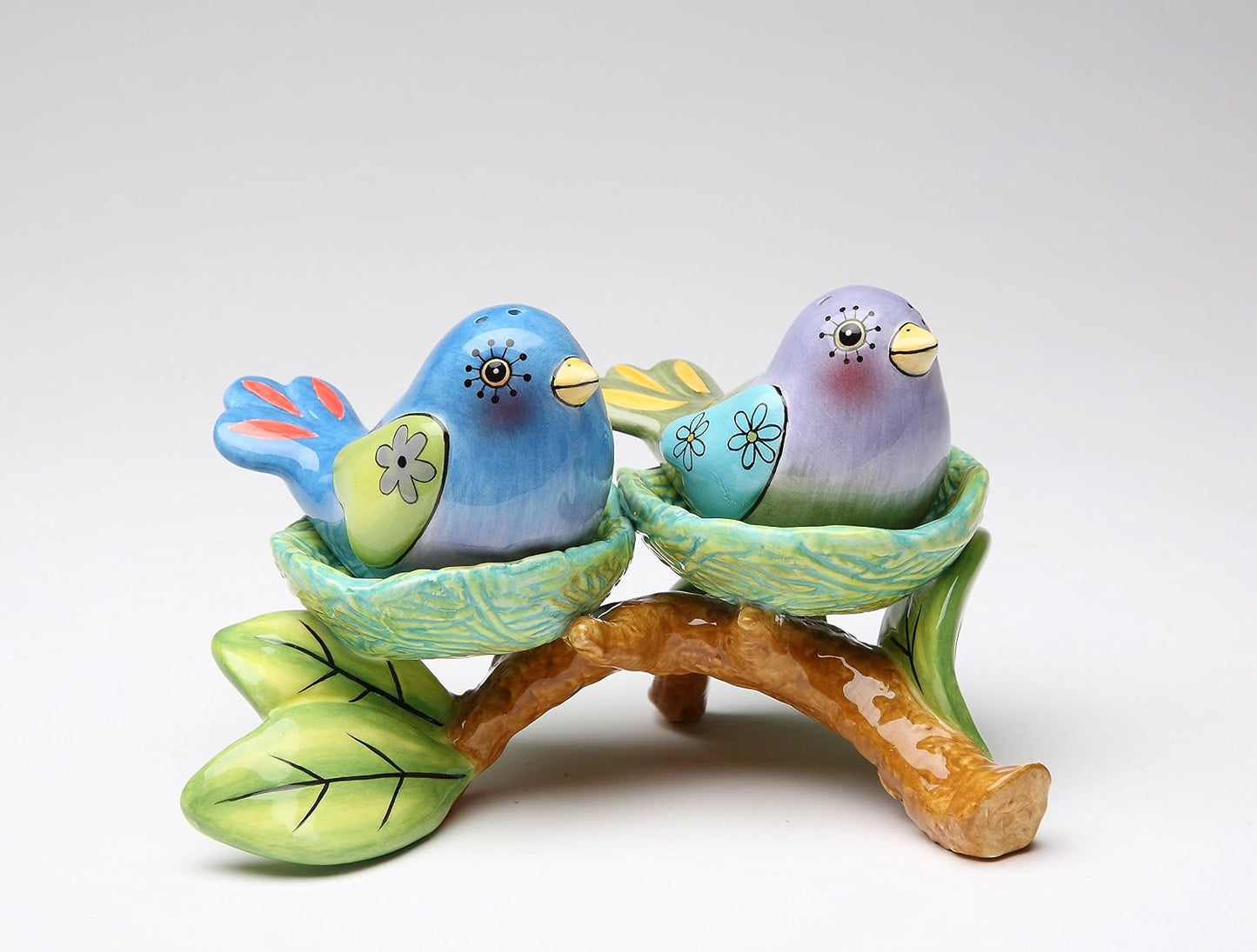 Cosmos Gifts Fine Ceramic Flights of Fancy Birds Couple in Bird Nest Salt and Pepper Shakers Set 3 pcs 5-1/8" L Multicolor