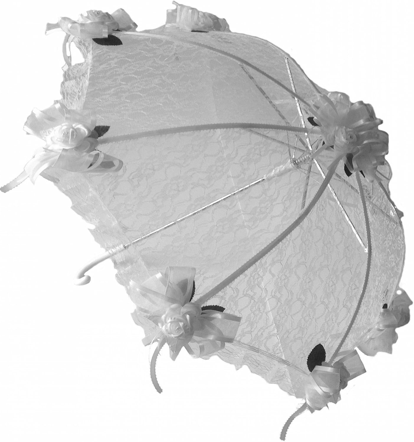 Party Favors Plus Decorated Bridal Shower White Lace Umbrella Parasol 32" Silver Roses