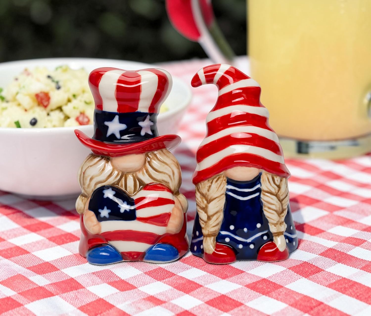 Cosmos Gifts Fine Ceramic Fourth of July Independence Day Gnome Patriotic Couple Salt and Pepper Shakers Set 3-5/8" H Red White Blue