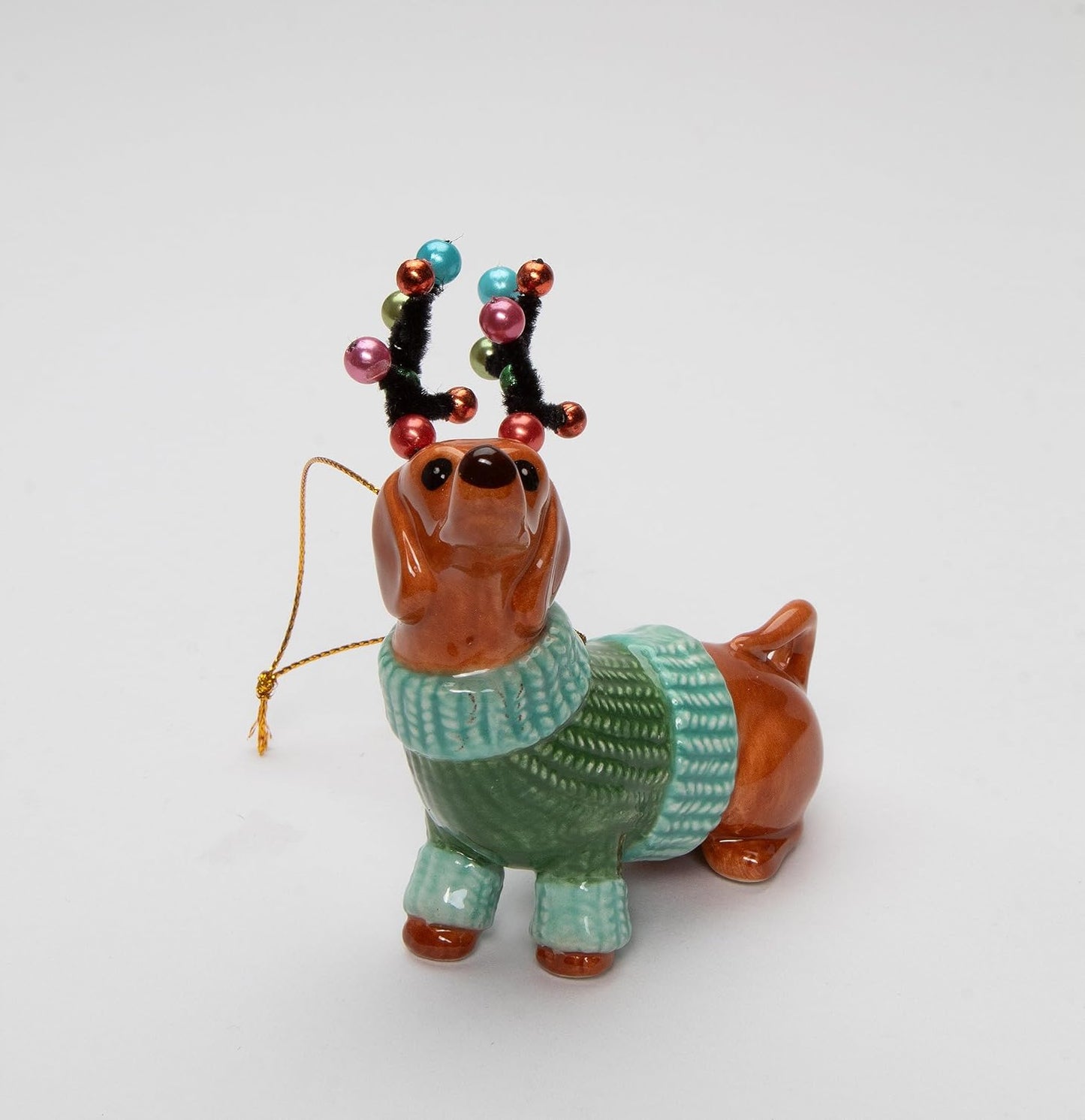 Cosmos Gifts Fine Ceramic Dachshund Dog in Green Sweater with Reindeer Antlers Ornament 3-7/8" H