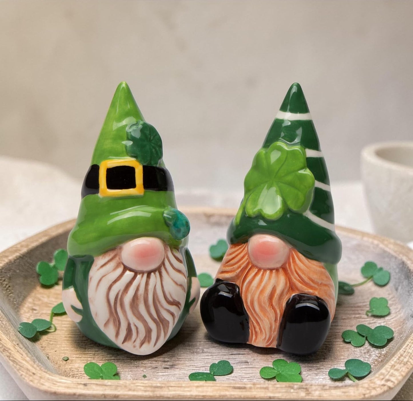 Cosmos Gifts Fine Ceramic St. Patrick Day Shamrock Gnome Salt and Pepper Shakers Set 3-7/8" H