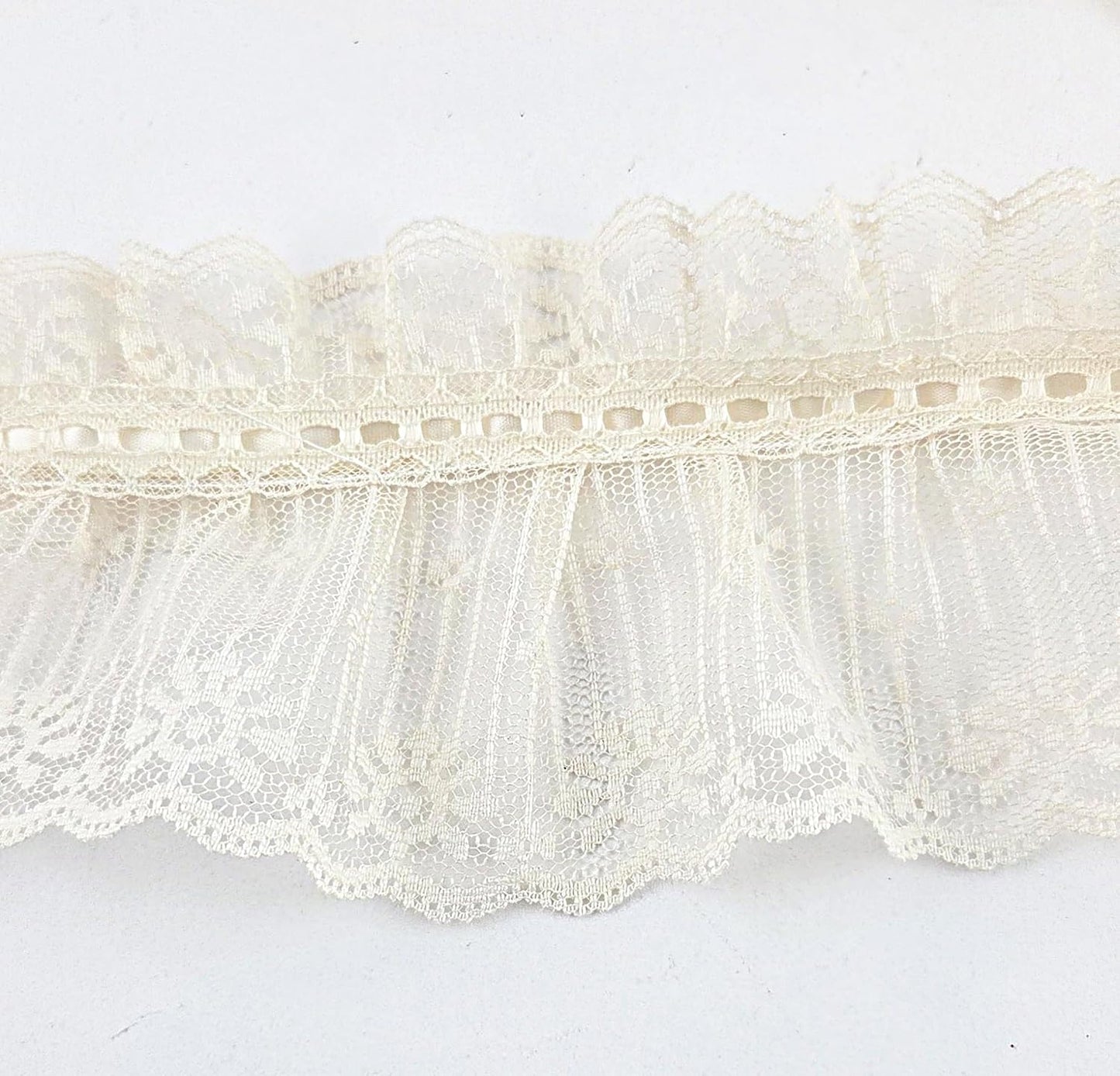 Ivory Ruffled Lace Trim 2 Tier with Satin Divide, 4" Wide, 2 Yards
