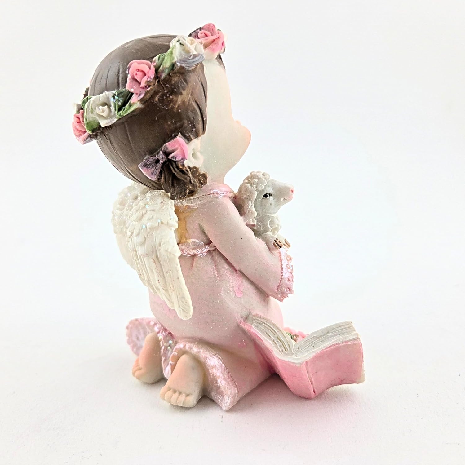 Party Favors Plus Baby Girl Angel Figurine with Lamb Pink Dress Polyresin 4.25 Inch