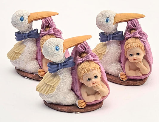 Party Favors Plus Pink White Polyresin Stork Baby Figurine 3 Inch Set of 3