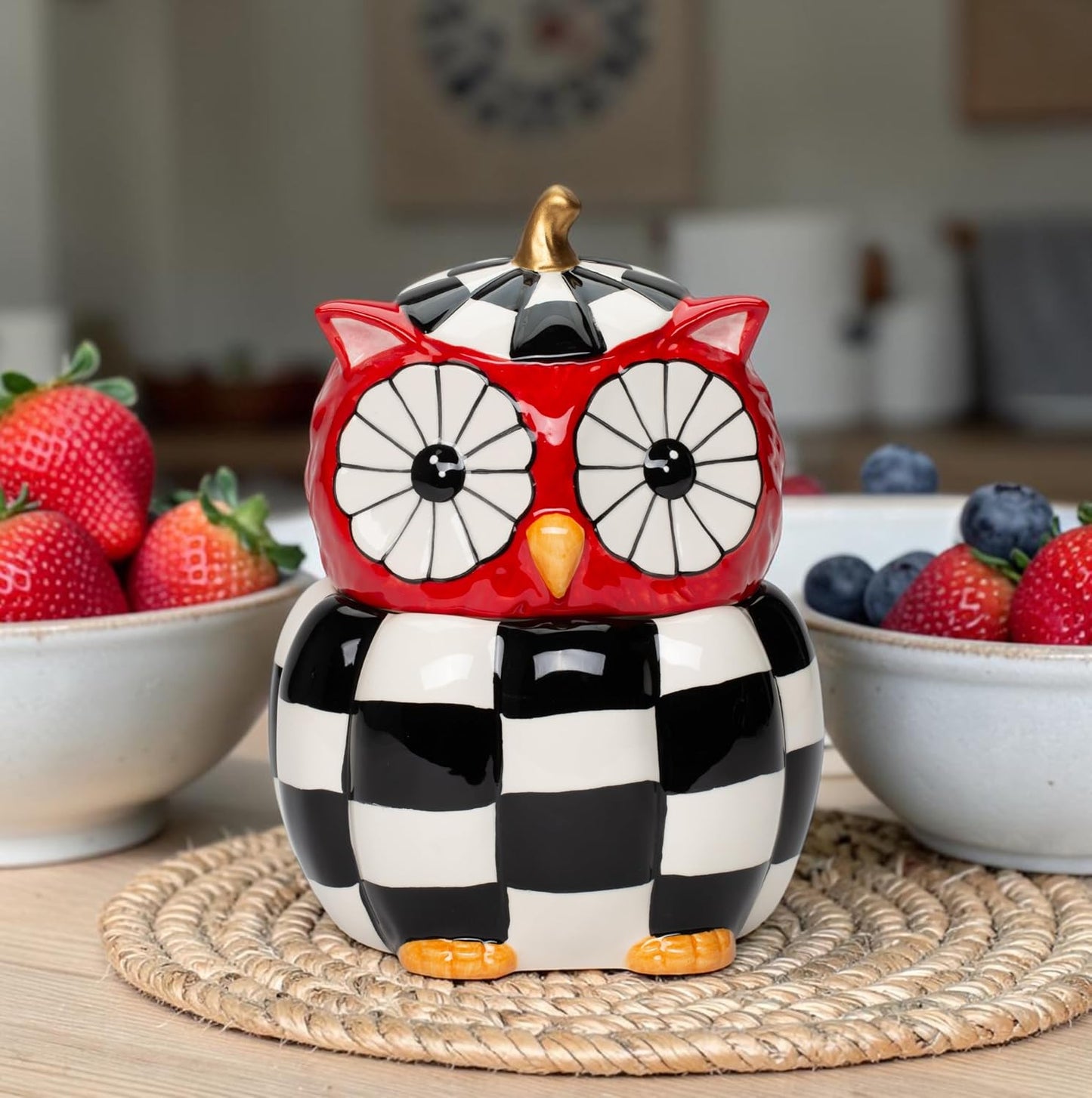 Cosmos Gifts Fine Ceramic Modern Owl with Checkerboard Pattern Candy Jar 6-5/8" H