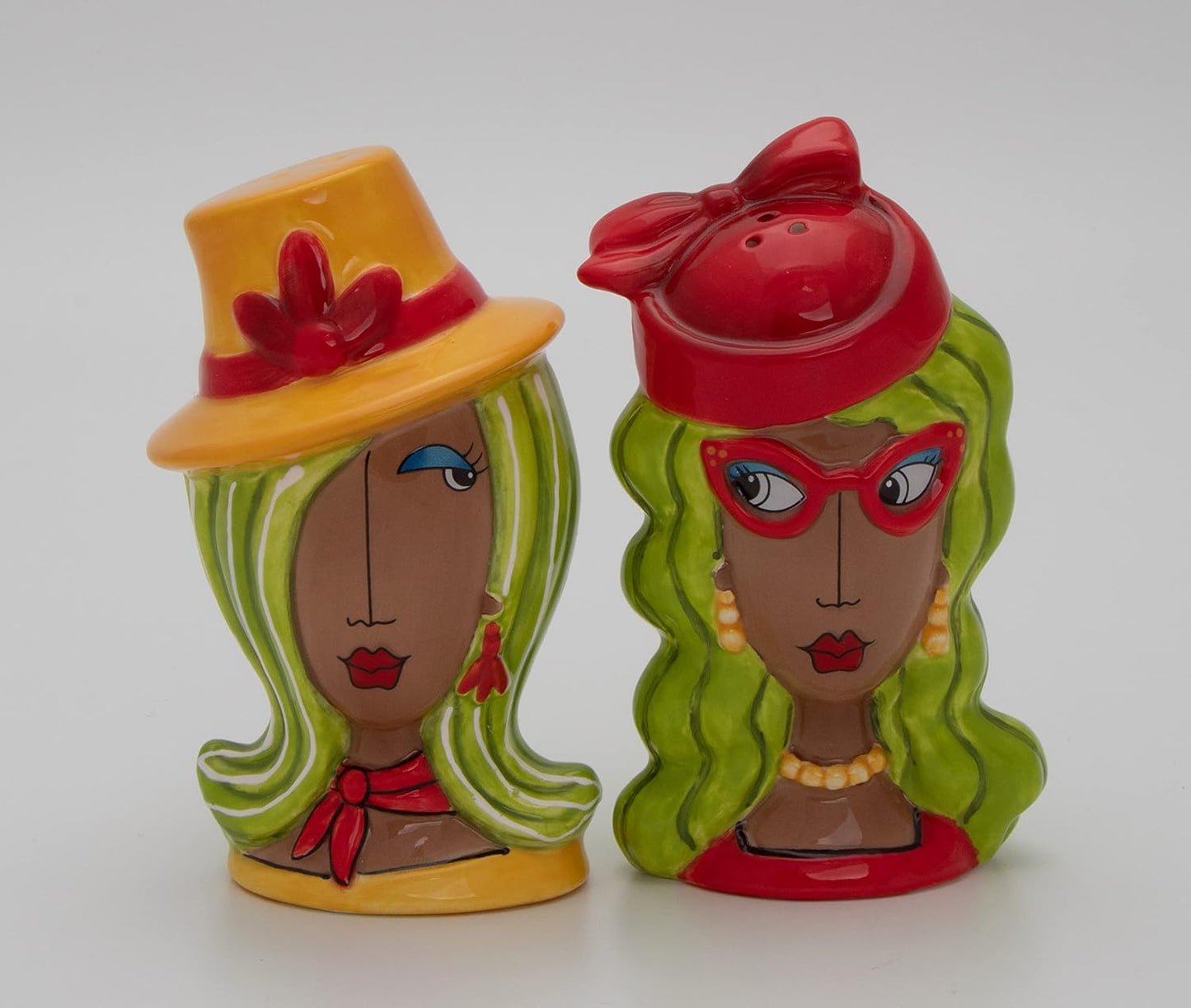 Cosmos Gifts Fine Ceramic Dollymamas African American Fashion Lady with Hats Salt & Pepper Shakers Set 4-1/2" H 62622
