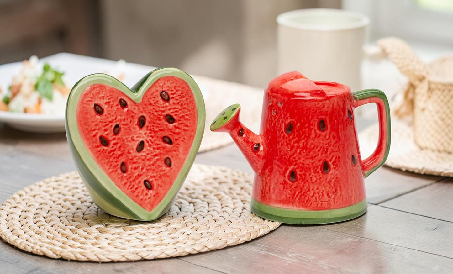 Cosmos Gifts Fine Ceramic Summer Love Red Heart Watermelon and Watermelon Watering Can Salt & Pepper Shakers Set 3-7/8" H