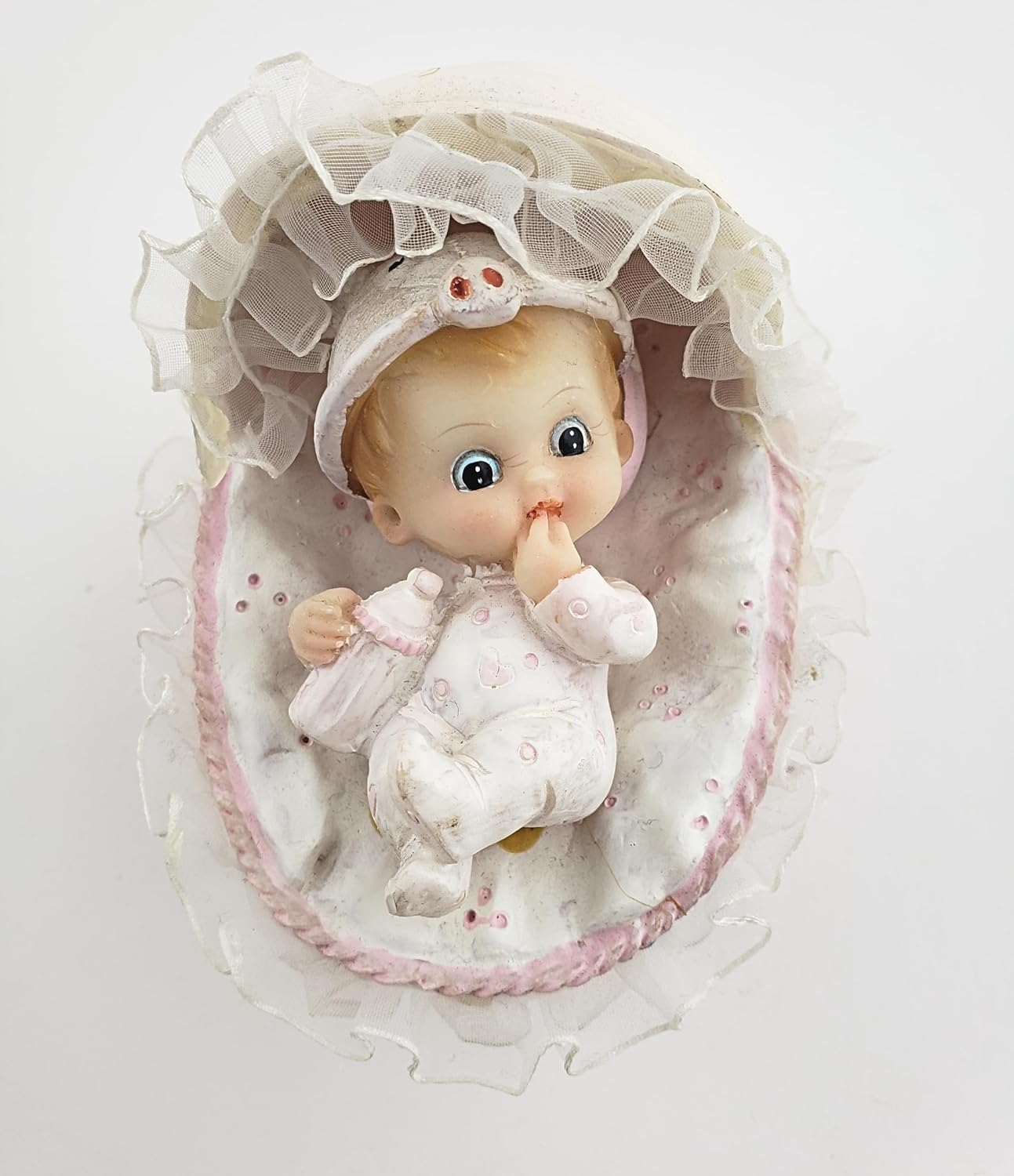 Party Favors Plus Pink White Polyresin Baby in Bassinet Figurine 4 Inch