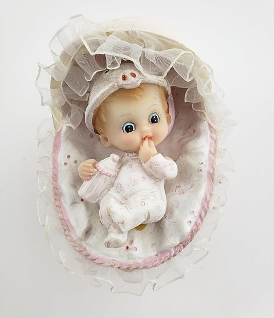 Party Favors Plus Pink White Polyresin Baby in Bassinet Figurine 4 Inch