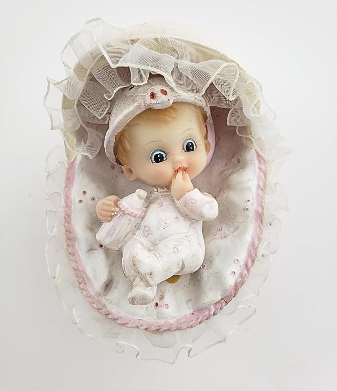 Party Favors Plus Pink White Polyresin Baby in Bassinet Figurine 4 Inch