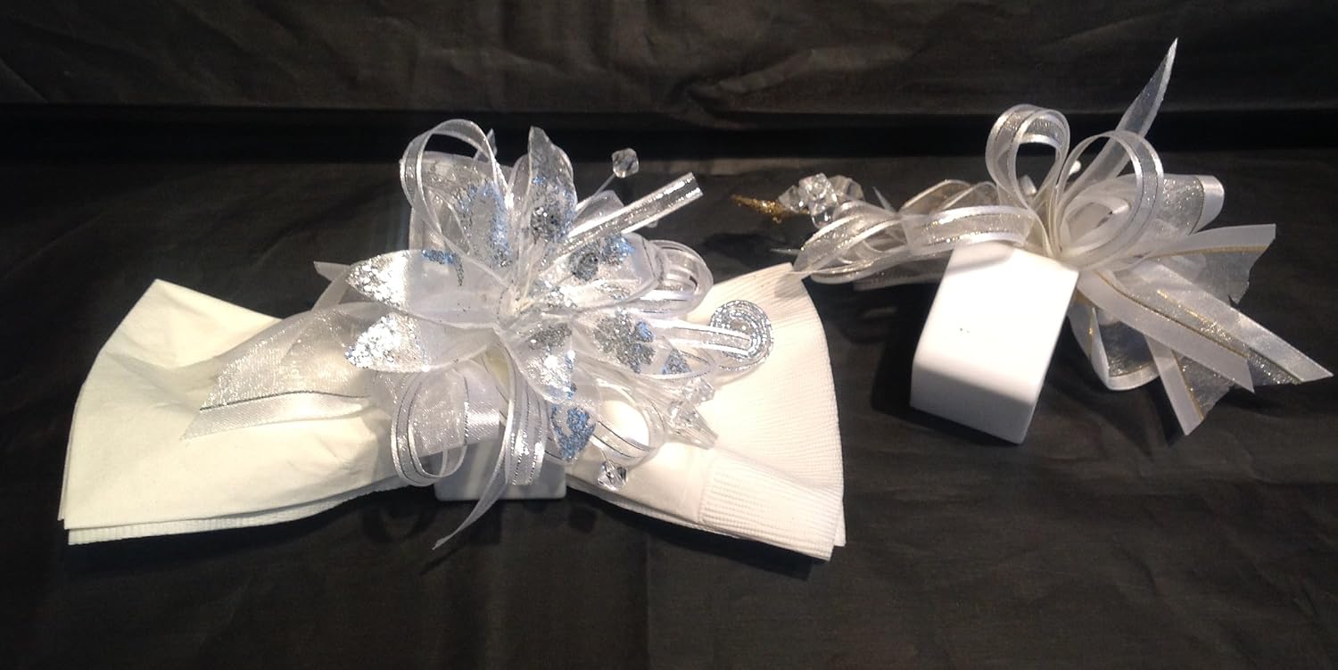 Party Favors Plus White Silver Satin Organza Napkin Rings 4 Count