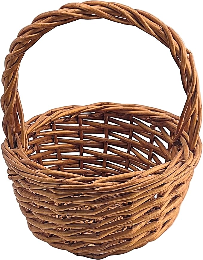 Natural Brown Woven Wicker Round Basket with Braided Handle, 1 Piece