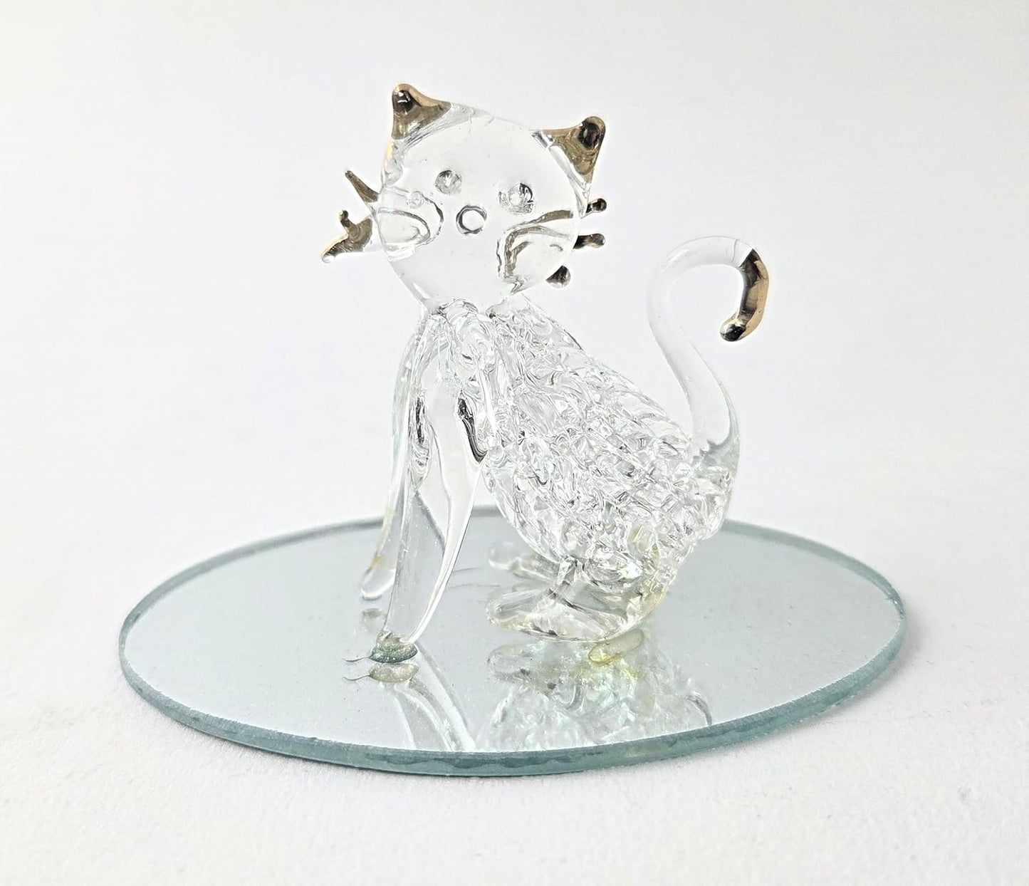 Party Favors Plus Clear Glass Cat Figurine Gold Plated Accents Oval Mirror Base 2.5 Inch