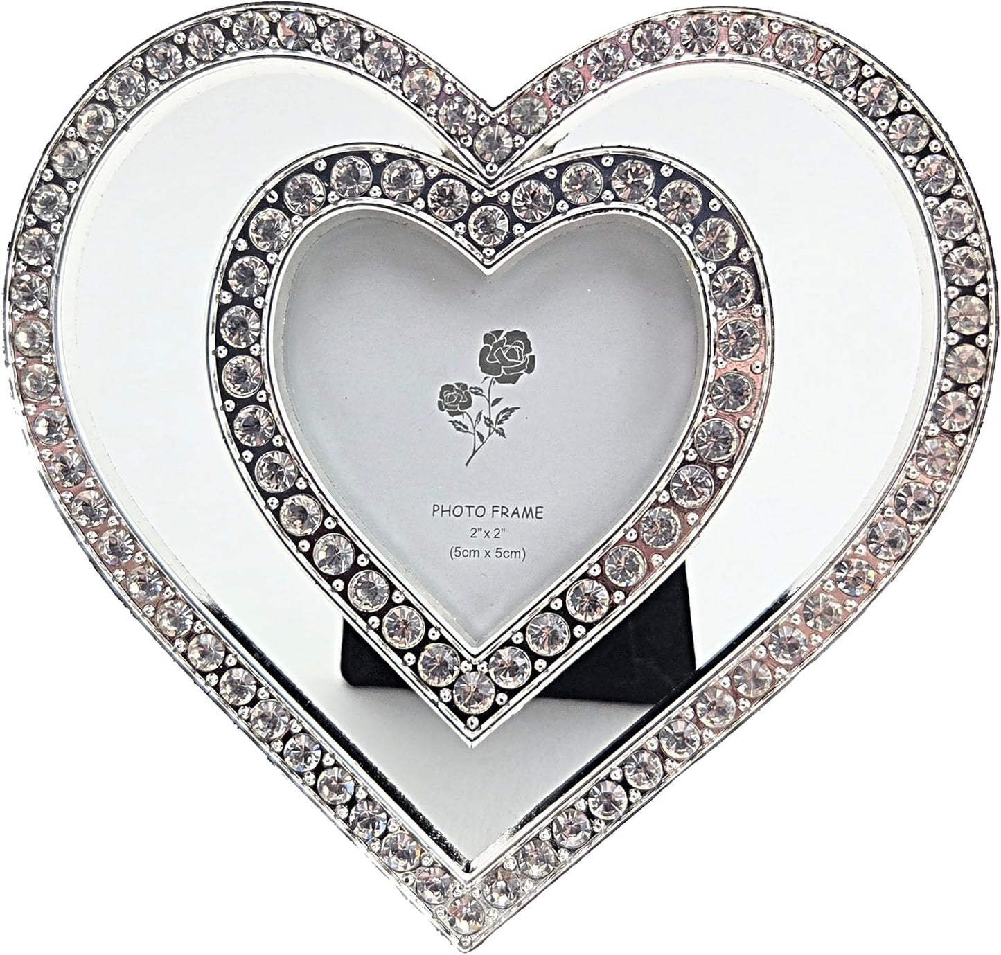 Party Favors Plus Double Heart Photo Frame Silver Metal Rhinestone 2x2 Inch Opening