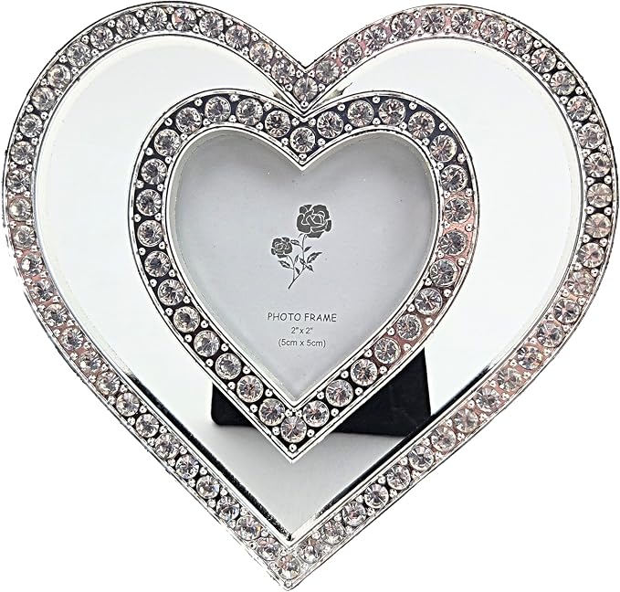 Party Favors Plus Double Heart Photo Frame Silver Metal Rhinestone 2x2 Inch Opening