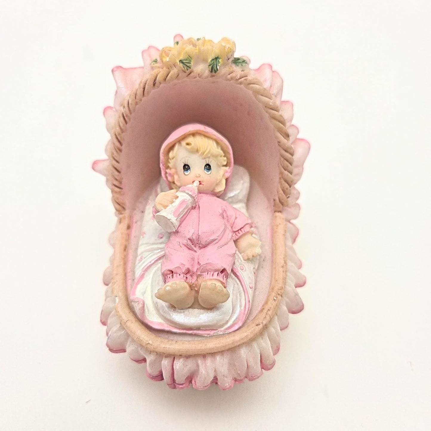 Party Favors Plus Pink White Polyresin Baby Bassinet Figurine 3.5 Inch Set of 2