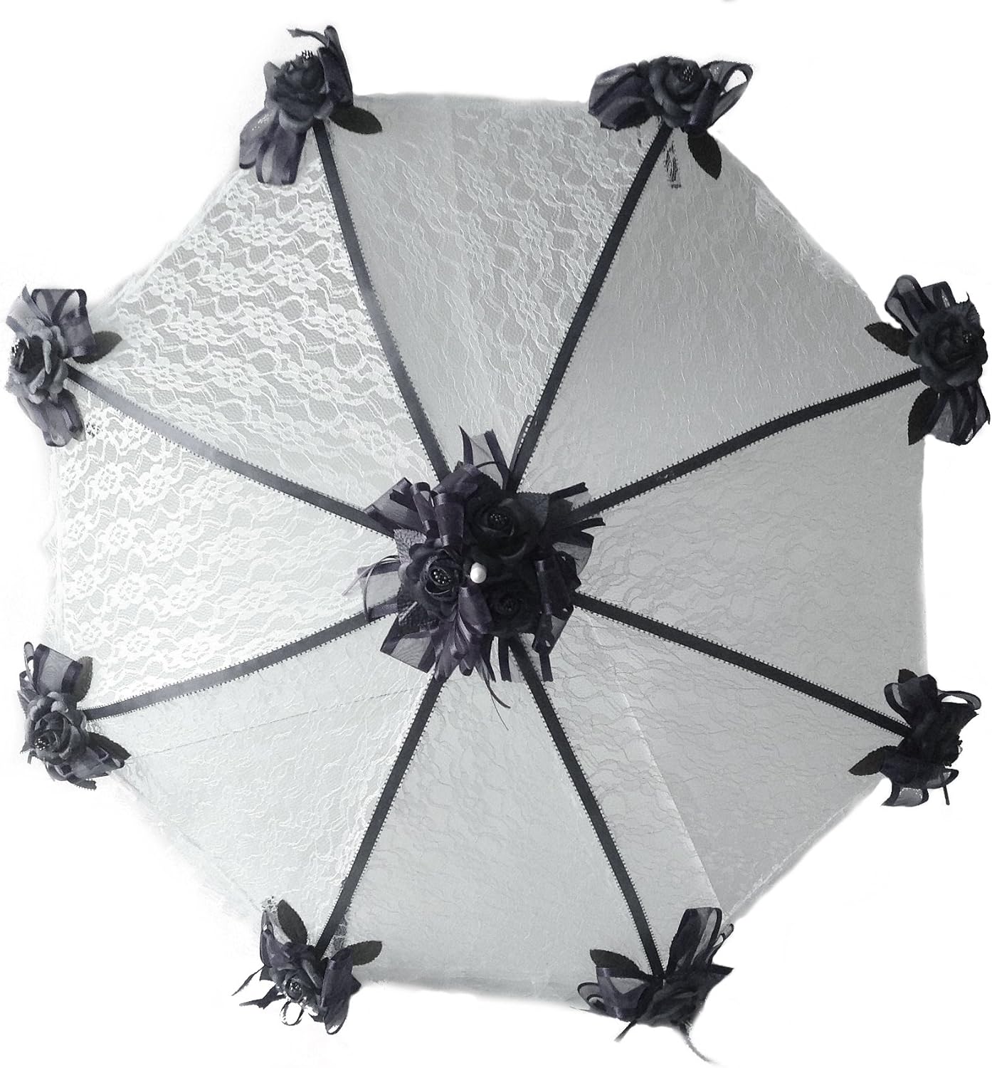 Party Favors Plus Decorated Bridal Shower White Lace Umbrella Parasol 36" Black Roses