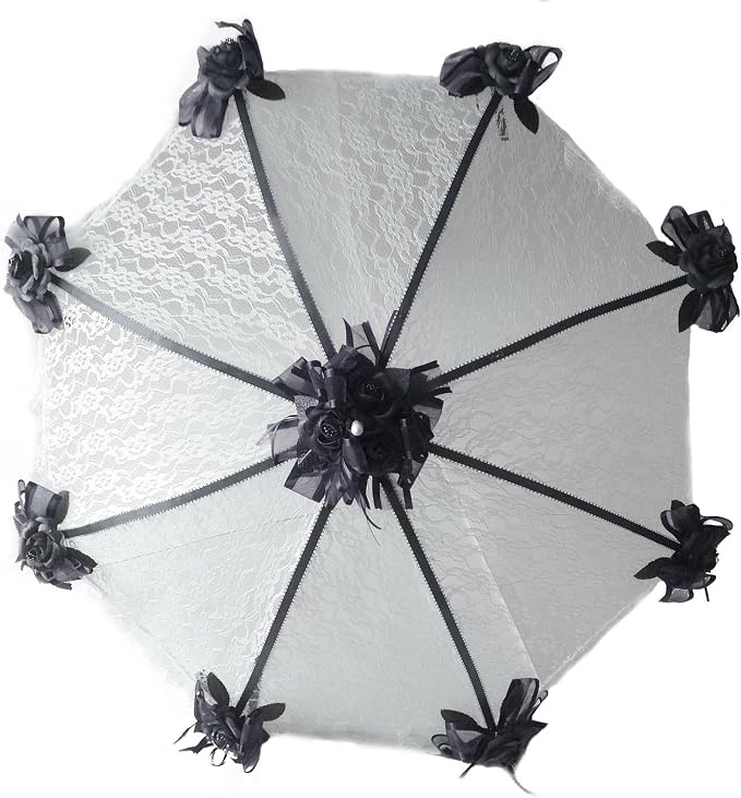 Party Favors Plus Decorated Bridal Shower White Lace Umbrella Parasol 36" Black Roses