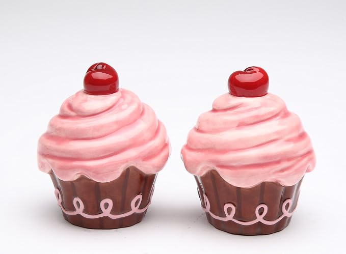 Cosmos Gifts Fine Ceramic Life Is Sweet Pink Cupcake with Cherry on Top Salt & Pepper Shakers Set 2-1/2" H