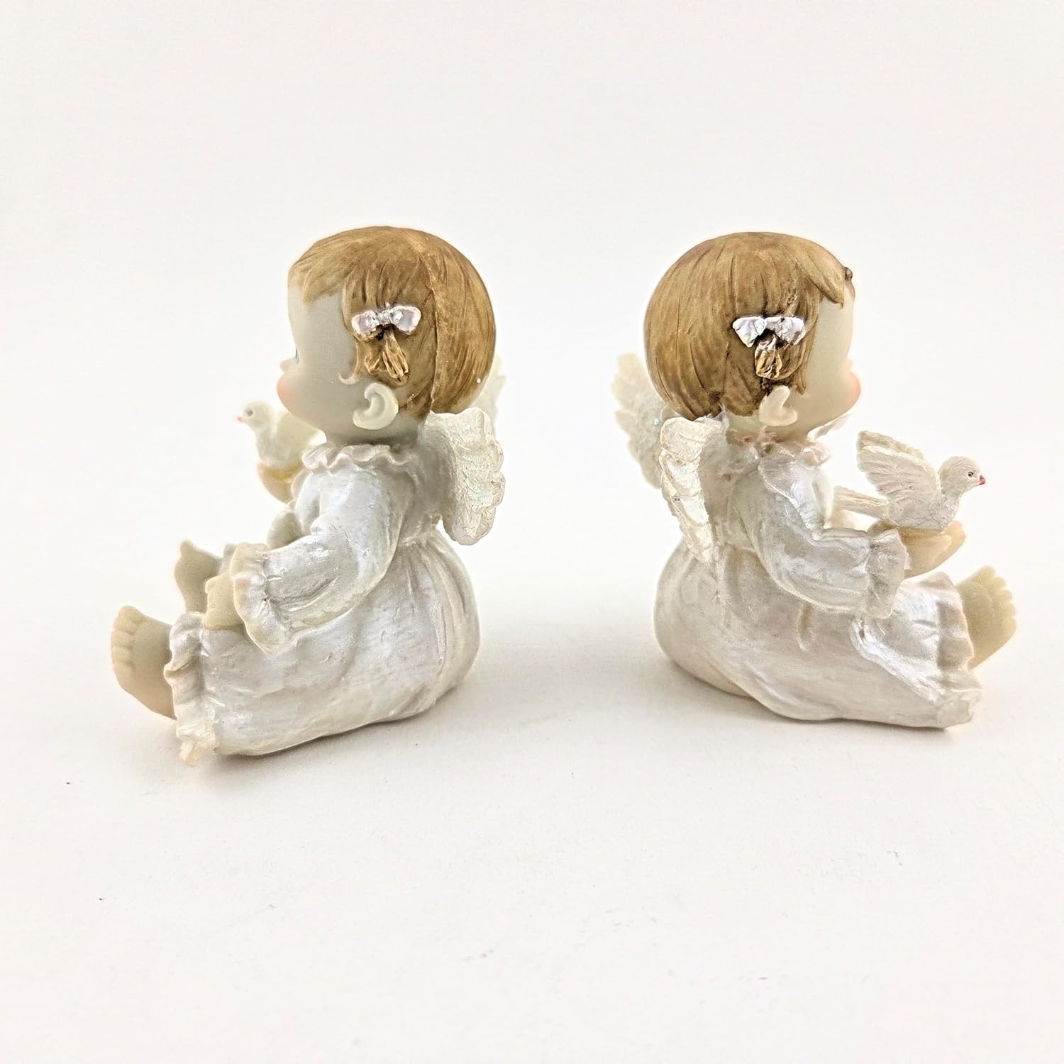 Party Favors Plus Sitting Baby Angel with Dove Figurine White Gold Polyresin 3 Inch Set of 2