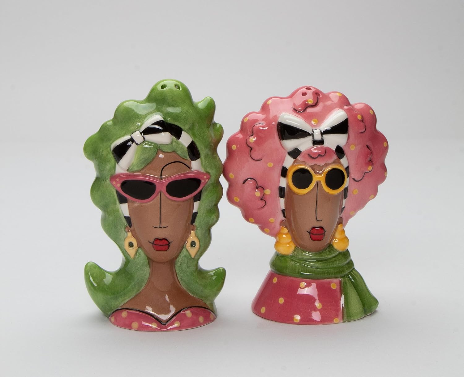 Cosmos Gifts Fine Ceramic Dollymama's African American Fashion Lady with Sunglasses Salt & Pepper Shakers Set 4-3/8" H Brown