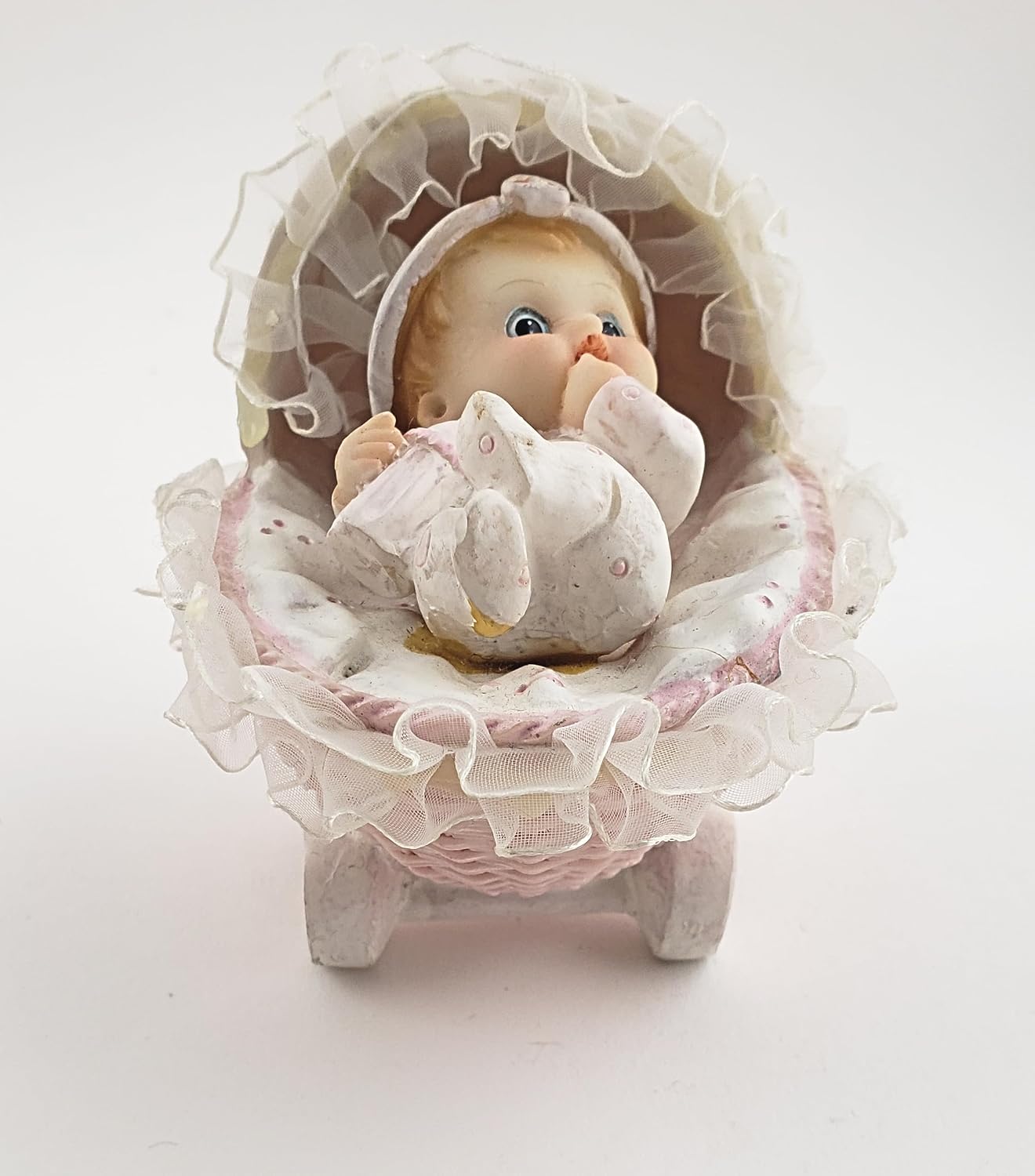Party Favors Plus Pink White Polyresin Baby in Bassinet Figurine 4 Inch