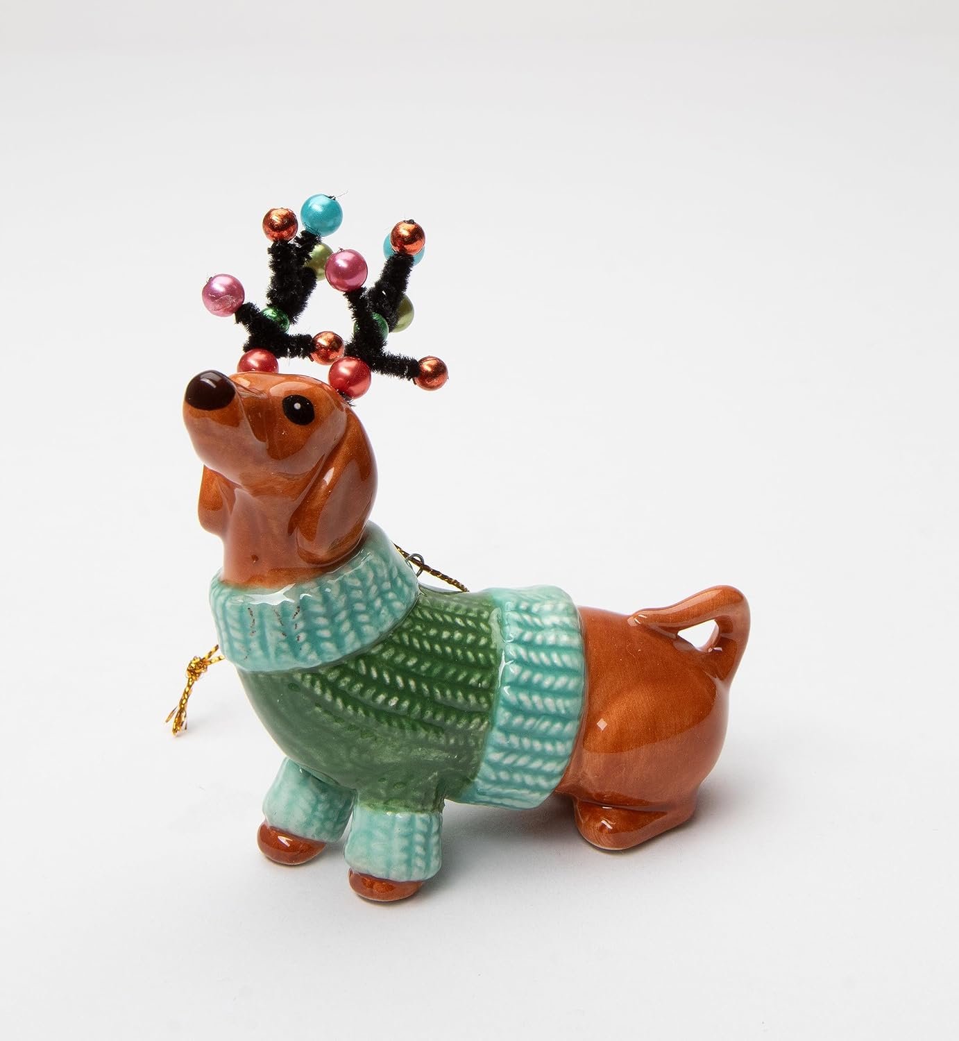 Cosmos Gifts Fine Ceramic Dachshund Dog in Green Sweater with Reindeer Antlers Ornament 3-7/8" H