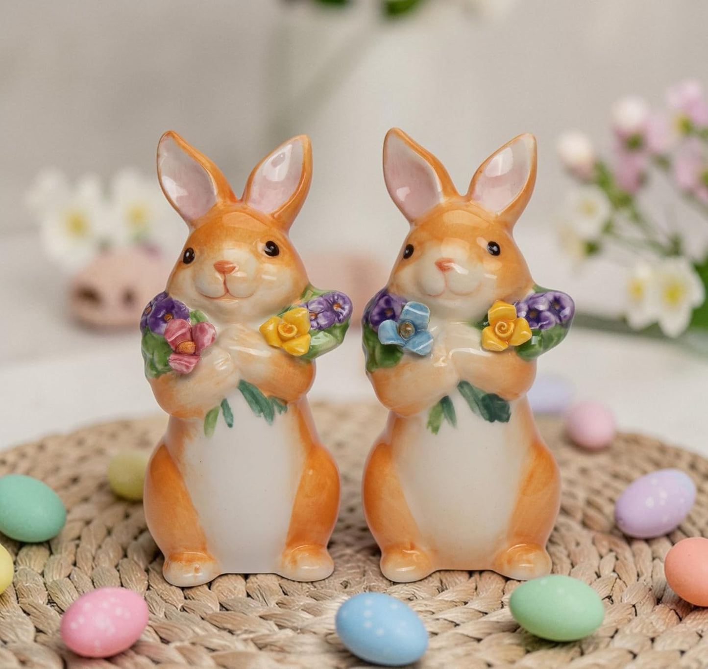 Cosmos Gifts Fine Ceramic Spring Easter Bunny Gathering Flowers Salt & Pepper Shakers Set 3-5/8" H 21066