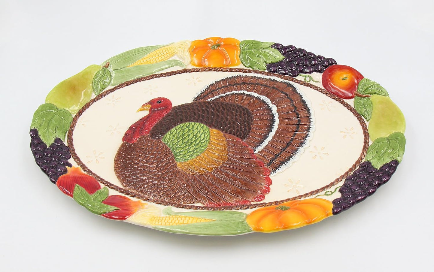 Cosmos Gifts Fine Porcelain Hand Painted Turkey Platter Multicolor Large 17" L