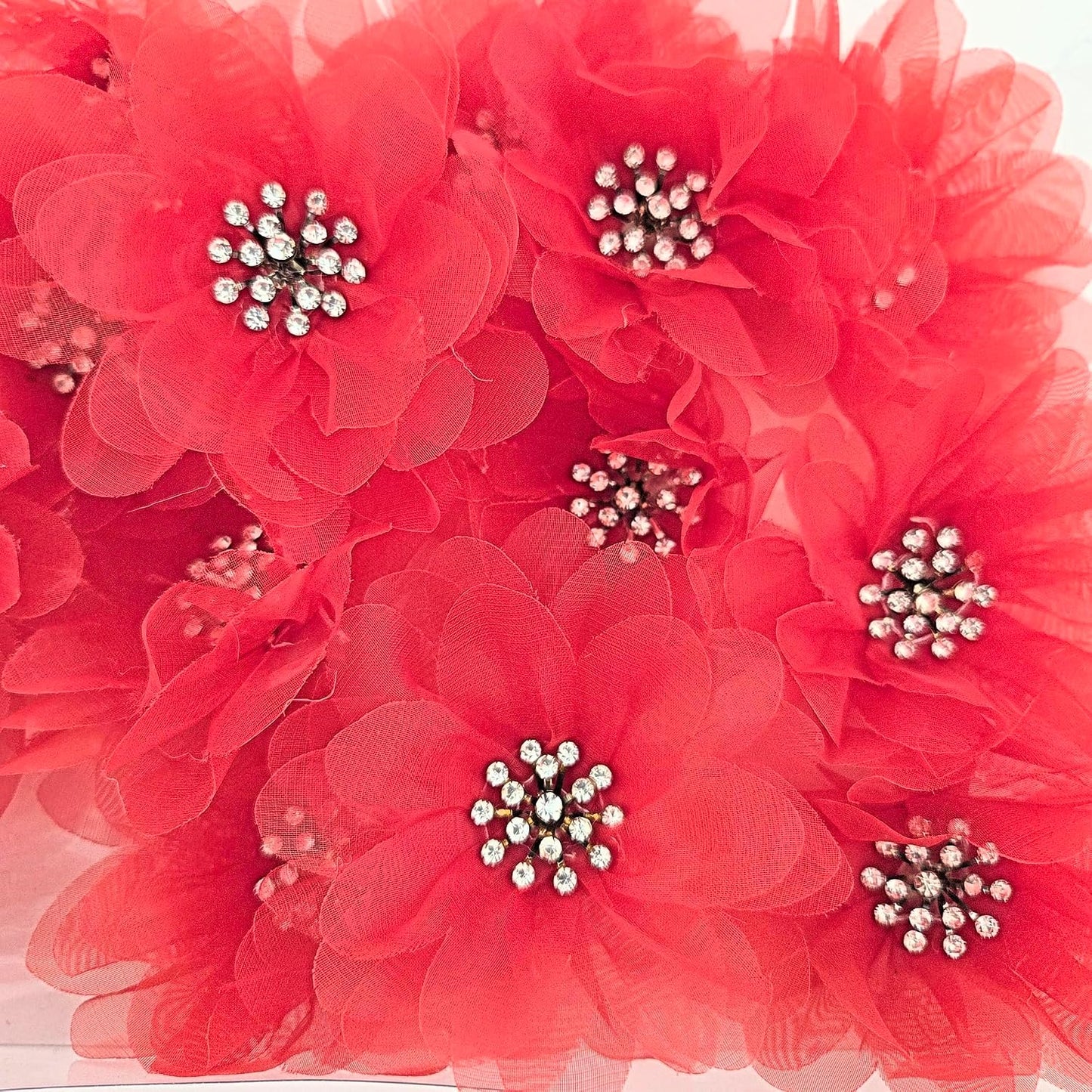 Party Favors Plus Red Organza Flower Corsage with Rhinestone Center 4 Inch Set of 4