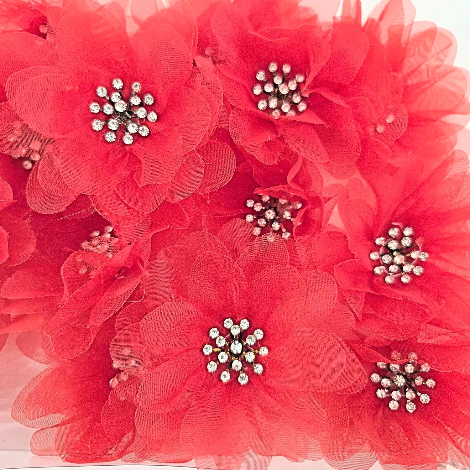 Party Favors Plus Red Organza Flower Corsage with Rhinestone Center 4 Inch Set of 4