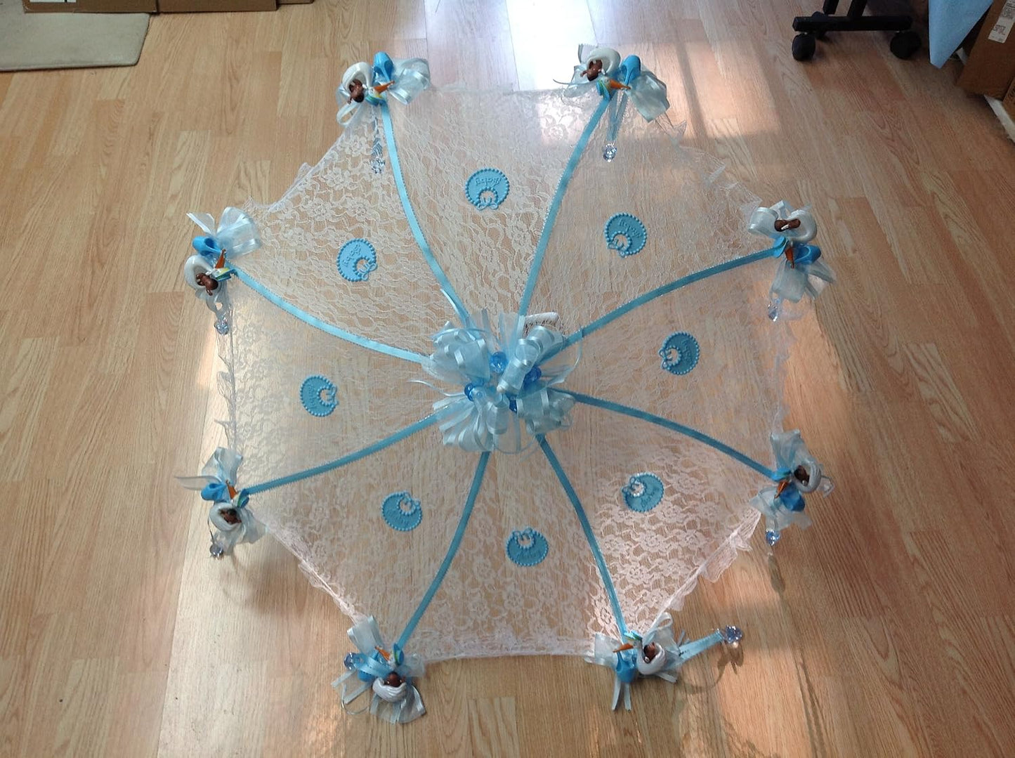 Party Favors Plus Decorated Baby Shower White Lace Umbrella 36" Blue Storks & Pacifiers