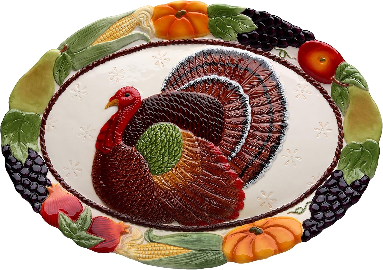 Cosmos Gifts Fine Porcelain Hand Painted Turkey Platter Multicolor Large 17" L