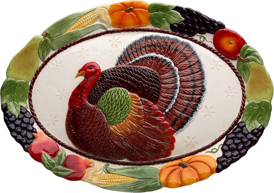Cosmos Gifts Fine Porcelain Hand Painted Turkey Platter Multicolor Large 17" L