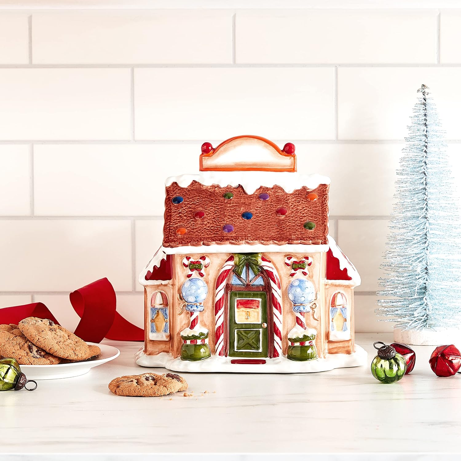 Cosmos Ceramic Santa's Village Candy Jar 8-1/2-Inch