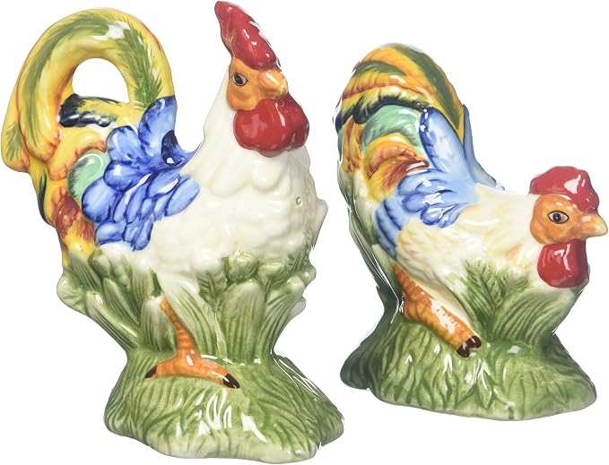 Cosmos Gifts Fine Ceramic Hand Painted Rooster & Hen Salt and Pepper Shakers 5" H