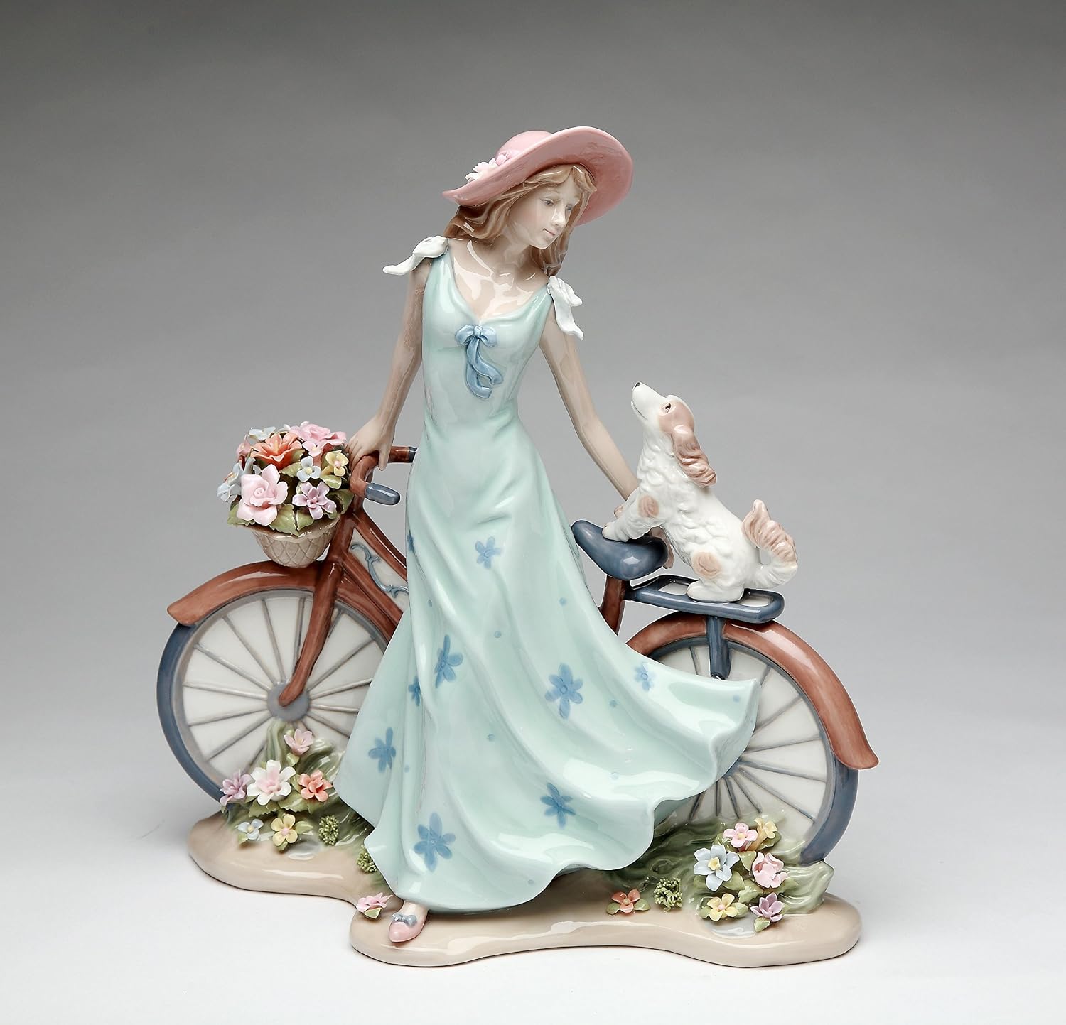 Cosmos Gifts Fine Porcelain Lady Riding Bike with Dog Figurine 10-5/8" H