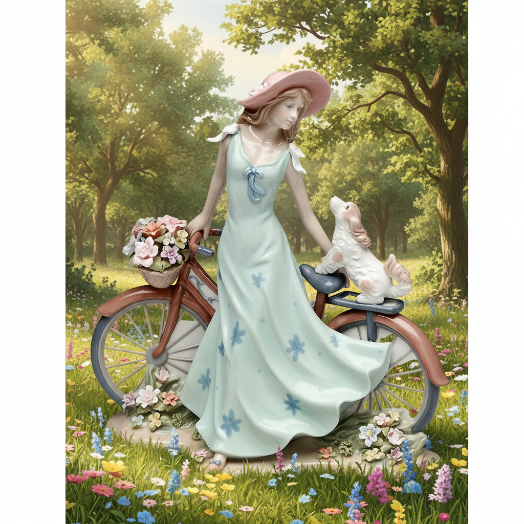 Cosmos Gifts Fine Porcelain Lady Riding Bike with Dog Figurine 10-5/8" H
