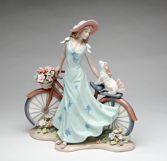Cosmos Gifts Fine Porcelain Lady Riding Bike with Dog Figurine 10-5/8" H