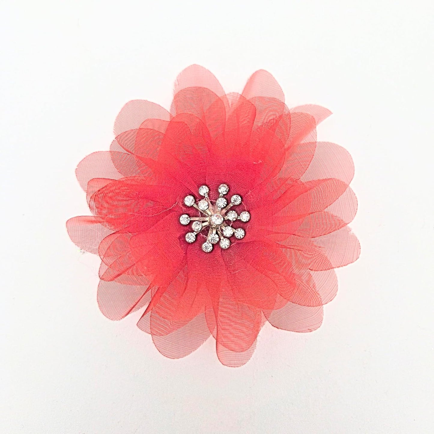 Party Favors Plus Red Organza Flower Corsage with Rhinestone Center 4 Inch Set of 4